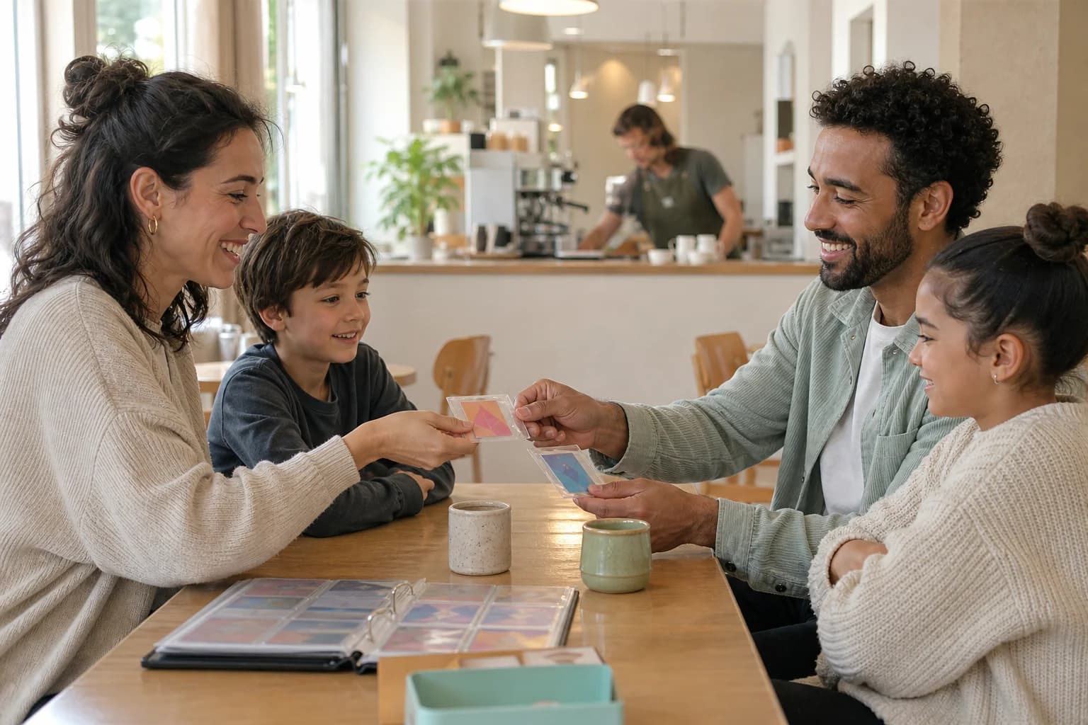 Families exchanging cards in a staffed public cafe