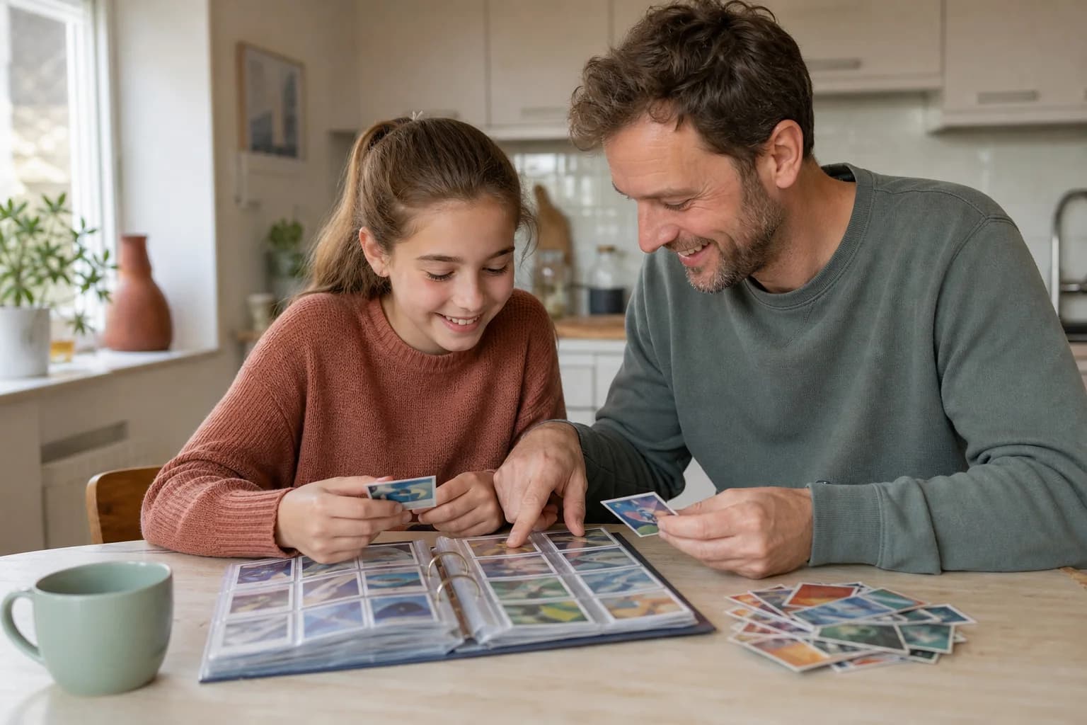 A parent and child sorting trading cards together at a kitchen table